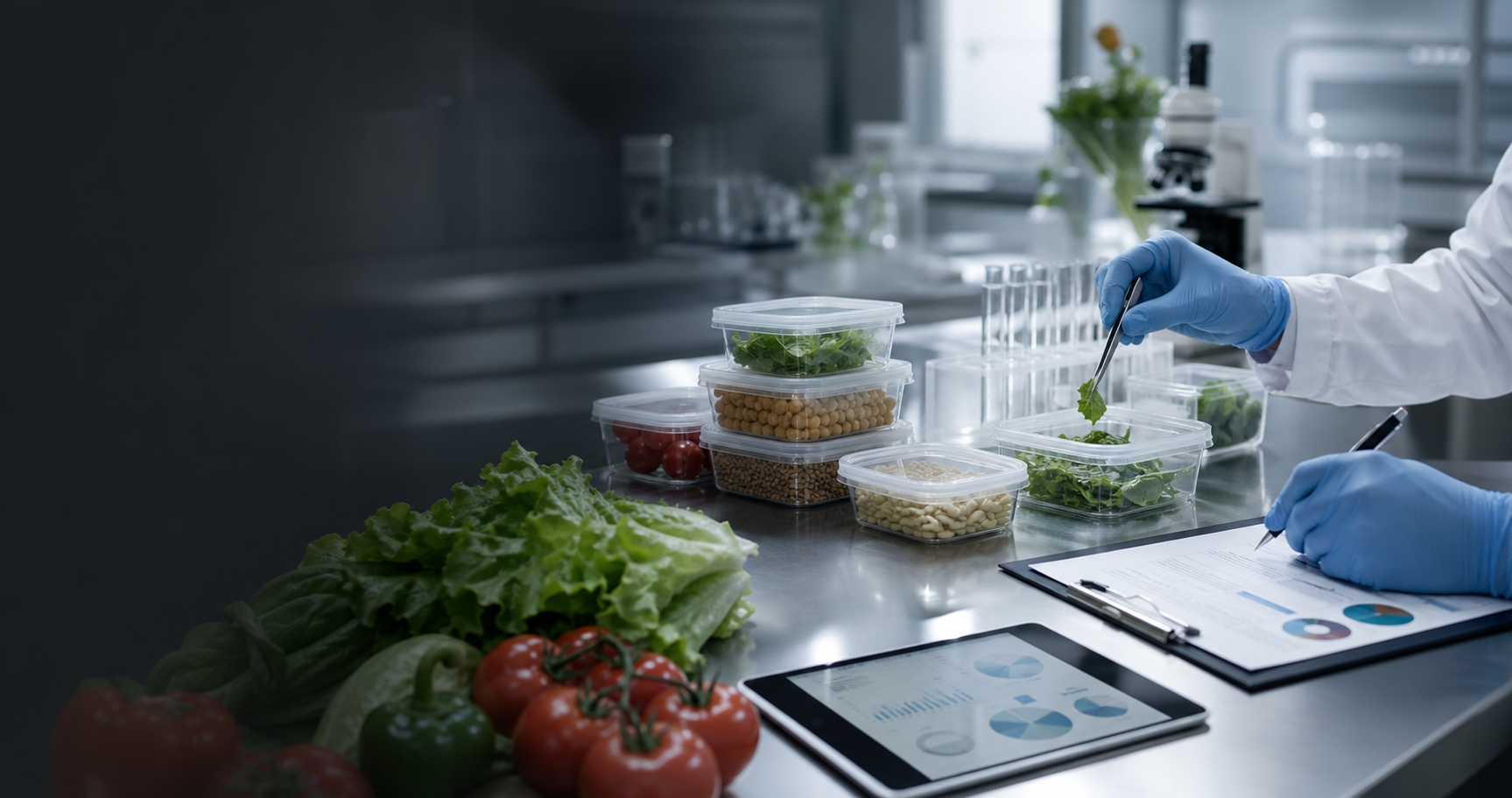 Food safety testing lab with produce samples and quality documentation